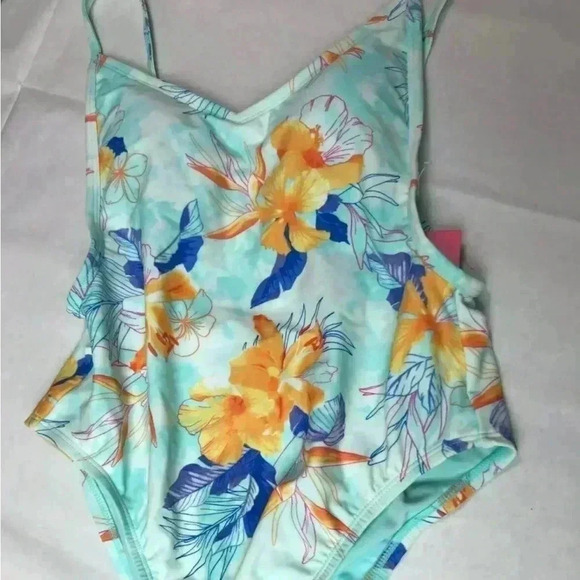 XHILARATION TROPICAL SCOOP BACK HIGH HIP ONE PIECE FLORAL SWIMSUIT, BLUE… - Picture 4 of 13